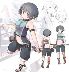 Rule 34 | 10s, 1girl, armband, bad id, bad pixiv id, bare shoulders, belt, black hair, black shorts, blunt bangs, bob cut, breasts, character request, choker, closed eyes, closed mouth, eyebrows, fuu fuu, gargantia contest, highres, holding, hoop, leg up, looking at viewer, medium breasts, midriff, multiple views, navel, pouch, railing, red eyes, sandals, shoes, short hair, shorts, sleeveless, smile, squiggle, standing, standing on one leg, stomach, suisei no gargantia, wrench