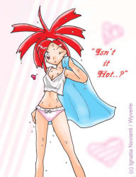 Rule 34 | 1girl, aqua towel, arm at side, arm up, armpits, artist name, bare shoulders, barefoot, bow, bow panties, breasts, camisole, cleavage, closed mouth, collarbone, creatures (company), english text, eyelashes, facing viewer, feet, female focus, flannery (pokemon), game freak, gym leader, heart, heart background, holding, holding towel, legs, long hair, looking at viewer, medium breasts, midriff, navel, neck, nervous sweating, nintendo, one eye closed, panties, pink panties, pokemon, pokemon rse, ponytail, red hair, side bangs, standing, sweat, thighs, towel, underwear, underwear only, wet, white camisole, wide ponytail, wink
