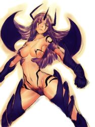 Rule 34 | 1girl, breasts, cleavage, demon girl, female pubic hair, fumio (rsqkr), gloves, horns, large breasts, midriff, pubic hair, purple hair, solo, wings
