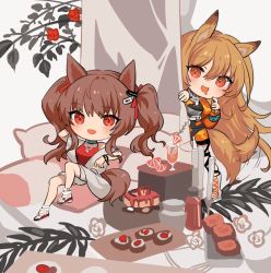 Rule 34 | 2girls, :d, angelina (arknights), angelina (summer flower) (arknights), animal ears, arknights, bare shoulders, black choker, blush, brown hair, ceobe (arknights), ceobe (summer flowers) (arknights), chibi, choker, commentary request, dog ears, fox ears, fox tail, grey background, hair ribbon, highres, infection monitor (arknights), long hair, looking at viewer, multiple girls, off shoulder, official alternate costume, open mouth, red eyes, red ribbon, ribbon, sandals, sitting, smile, spacelongcat, swimsuit cover-up, tail, twintails