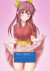 Rule 34 | 1girl, anti (untea9), blue screen of death, bow, censored, clothes lift, commentary request, cowboy shot, gradient background, hair bow, hakama, hakama lift, hakama skirt, highres, japanese clothes, kamikaze (kancolle), kantai collection, kimono, long hair, looking at viewer, meiji schoolgirl uniform, novelty censor, panties, pink background, pink hakama, pointless censoring, purple eyes, purple hair, red kimono, skirt, solo, standing, underwear, white panties, yellow bow