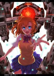 Rule 34 | 10s, 1girl, absurdres, armored core, blue eyes, blush, brown hair, highres, kosaka honoka, looking at viewer, love live!, love live! school idol project, mecha, open mouth, outstretched arm, robot, school uniform, shijou hasekura, short hair, side ponytail, smile, solo, sweater vest, to-605