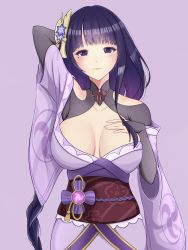 Rule 34 | 1girl, absurdres, braid, breasts, bridal gauntlets, cleavage, closed mouth, commentary, english commentary, floral print, flower, genshin impact, hair ornament, hand on own chest, haru108dz, highres, japanese clothes, kimono, large breasts, long hair, long sleeves, looking at viewer, mole, mole under eye, obi, obiage, obijime, purple background, purple eyes, purple flower, purple hair, raiden shogun, ribbon, sash, simple background, solo, tassel, wide sleeves