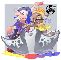 1boy 2girls arm_up big_man_(splatoon) black_leggings blonde_hair blue_hair blue_shawl border chest_sarashi colored_extremities colored_eyelashes colored_tongue commentary_request crop_top cross-shaped_pupils dark-skinned_female dark_skin double_w earrings fangs frye_(splatoon) gradient_hair grey_background hair_ornament hair_over_one_eye hairband harem_pants inkling jewelry leggings long_eyelashes long_pointy_ears medium_hair midriff_peek multicolored_hair multiple_earrings multiple_girls nichaku nintendo octoling okobo one_eye_covered open_mouth pants pointy_ears purple_hair purple_tongue red_eyes red_footwear sandals sarashi shawl shirt shiver_(splatoon) simple_background smile socks splatoon_(series) splatoon_3 standing standing_on_one_leg symbol-shaped_pupils tabi tentacle_hair toeless_footwear tooth_earrings torn_clothes torn_leggings two-tone_hair w white_border white_hairband white_pants white_socks x_hair_ornament yellow_eyes yellow_shawl yellow_shirt