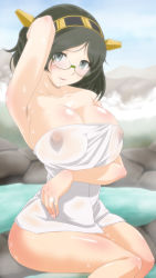 Rule 34 | 10s, 1girl, arm up, black eyes, black hair, blush, breasts, cleavage, glasses, highres, huge breasts, jewelry, kantai collection, kirishima (kancolle), looking at viewer, magutan, nipples, ring, short hair, smile, solo, wedding band