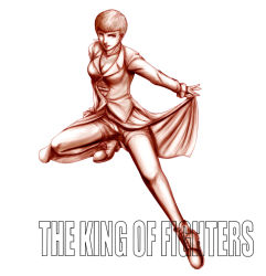 Rule 34 | 1girl, bad id, bad pixiv id, boots, breasts, cleavage, earrings, fujiwaru, jewelry, long skirt, monochrome, pantyhose, sepia, short hair, shorts, shorts under skirt, skirt, solo, the king of fighters, vice (kof)