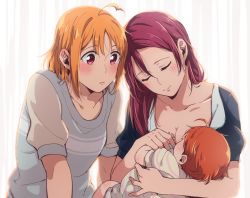 Rule 34 | 3girls, ahoge, baby, baby carry, blush, breastfeeding, carrying, closed eyes, collarbone, highres, holding, holding baby, if they mated, kougi hiroshi, long hair, looking at another, love live!, love live! sunshine!!, mother and daughter, multiple girls, orange hair, red eyes, red hair, sakurauchi riko, short hair, short sleeves, smile, takami chika, upper body