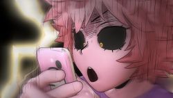 Rule 34 | 1girl, :o, ashido mina, black sclera, boku no hero academia, cellphone, close-up, colored sclera, commentary, constricted pupils, english commentary, greatm8, hands up, highres, holding, holding phone, lightning, phone, pink hair, purple shirt, shirt, short hair, smartphone, solo, source filmmaker (medium), yellow eyes