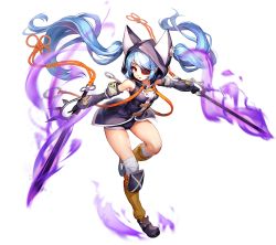 Rule 34 | 1girl, animal hood, artificial hero, blue hair, cat hood, detached sleeves, dual wielding, eyepatch, full body, game cg, glowing, glowing weapon, hair through headwear, highres, holding, holding sword, holding weapon, hood, kakiman, last origin, light blue hair, long hair, looking at viewer, magic, official art, red eyes, revision, smoke, solo, sword, tachi-e, tachi (artificial hero), transparent background, twintails, very long hair, weapon