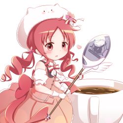 Rule 34 | 1girl, animal hat, bow, character hat, collared shirt, commentary request, cup, detached sleeves, gochuumon wa usagi desu ka?, goth risuto, hat, holding, holding spoon, long hair, looking at viewer, natsu megumi, oversized object, parted bangs, parted lips, pink skirt, pink vest, pleated skirt, puffy short sleeves, puffy sleeves, red bow, red eyes, red hair, ringlets, shirt, short sleeves, simple background, skirt, sleeveless, sleeveless shirt, solo, spoon, tippy (gochiusa), twintails, very long hair, vest, white background, white hat, white shirt, white sleeves