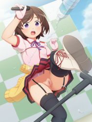 Rule 34 | 10s, 1girl, :o, arm up, black thighhighs, blush, boots, bottle, breasts, brown hair, checkered background, cleft of venus, clothes around waist, collared shirt, cross-laced footwear, futsuu no joshikousei ga locodol yattemita, garter straps, gloves, hand up, highres, holding, holding microphone, lace-up boots, microphone, microphone stand, no panties, open mouth, pleated skirt, purple eyes, pussy, red skirt, ribbon, round teeth, shirt, shoelaces, short hair, short sleeves, skirt, small breasts, solo, sparkle, spilling, splashing, surprised, sweater, sweater around waist, tachimi (basue), teeth, thighhighs, uncensored, usami nanako, water, water bottle, water drop, white gloves