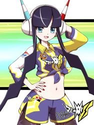 Rule 34 | 1girl, :d, black hair, blue eyes, blunt bangs, brown pantyhose, collared shirt, commentary request, creatures (company), elesa (pokemon), game freak, hand up, headphones, highres, multicolored hair, nail polish, navel, nintendo, open mouth, pantyhose, pokemon, pokemon bw2, pokemon swsh, red nails, shabana may, shirt, short hair with long locks, shorts, side slit, side slit shorts, sidelocks, smile, solo, streaked hair, tied shirt, tongue