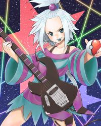 Rule 34 | 10s, 1girl, bad id, bad pixiv id, blue eyes, boots, creatures (company), dicembre04, dress, forehead, freckles, game freak, guitar, gym leader, hair bobbles, hair ornament, hair up, high ponytail, holding, holding poke ball, instrument, nintendo, platform footwear, poke ball, pokemon, pokemon bw2, roxie (pokemon), shirt, short dress, short hair, solo, striped clothes, striped dress, striped shirt, topknot, white hair