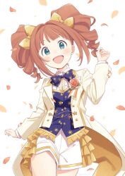Rule 34 | 1girl, :d, blue bow, blue bowtie, blush, boutonniere, bow, bowtie, brown hair, cowboy shot, demirinz, dot nose, falling petals, green eyes, hair ribbon, hand up, highres, idolmaster, idolmaster (classic), idolmaster million live!, idolmaster million live! theater days, jacket, long hair, long sleeves, looking at viewer, open clothes, open jacket, open mouth, petals, ribbon, shorts, smile, solo, takatsuki yayoi, twintails, white background, white jacket, white shorts, yellow ribbon