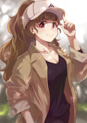 Rule 34 | 1girl, adidas, baseball cap, black shirt, blunt bangs, blurry, blurry background, breasts, brown coat, brown hair, cleavage, closed mouth, coat, hat, high ponytail, highres, idolmaster, idolmaster cinderella girls, index finger raised, kamiya nao, lens flare, long hair, long sleeves, looking at viewer, medium breasts, open clothes, open coat, outdoors, ponytail, red eyes, satomura kyou, shirt, smile, solo, standing, very long hair, white hat