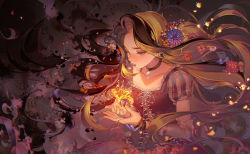 Rule 34 | 1girl, black background, black hair, blonde hair, bracelet, choker, commentary, commentary request, cross-laced clothes, dark background, decay, disney, dissolving clothes, dress, flower, glowing, green eyes, hair flower, hair ornament, jewelry, kawacy, long hair, looking down, multicolored hair, parted lips, petals, puffy sleeves, purple dress, rapunzel (disney), simple background, solo, spoilers, tangled, two-tone hair, upper body, very long hair