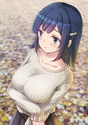Rule 34 | 1girl, alternate hairstyle, black skirt, blue eyes, blue hair, blunt bangs, blurry, blush, breasts, casual, collarbone, commentary request, depth of field, emia wang, from above, hair down, hair ornament, hairclip, kantai collection, large breasts, long sleeves, looking away, medium hair, parted lips, ribbed sweater, skirt, sleeves past wrists, solo, souryuu (kancolle), sweater