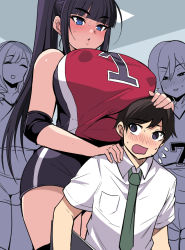 Rule 34 | 1boy, 3girls, :d, ^ ^, bare shoulders, black hair, blue eyes, blunt bangs, blush, boob hat, breasts, closed eyes, collared shirt, covered erect nipples, elbow pads, flying sweatdrops, full-face blush, green tie, gym uniform, hair between eyes, huge breasts, indoors, light, long hair, looking back, multiple girls, necktie, nishida megane, open mouth, original, ponytail, puffy nipples, purple eyes, school uniform, shirt, shorts, size difference, smile, sportswear, sweat, sweatdrop, tall female, tight clothes, towering, volleyball uniform