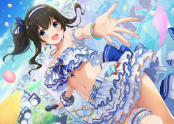 Rule 34 | 1girl, azuki yui, balloon, bare shoulders, bikini, black hair, blue bikini, blue eyes, blue sky, blush, bracelet, breasts, bridal garter, confetti, frills, hair between eyes, hairband, idolmaster, idolmaster cinderella girls, idolmaster cinderella girls starlight stage, jewelry, large breasts, long hair, looking at viewer, microphone, miniskirt, navel, open mouth, outstretched arm, sagisawa fumika, side ponytail, sidelocks, skirt, sky, smile, solo, stage, swimsuit, thighs, white skirt