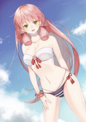 Rule 34 | 10s, 1girl, :d, akashi (kancolle), arm behind back, bare shoulders, bikini, blush, breasts, cleavage, cloud, collarbone, cowboy shot, day, dutch angle, green eyes, hair ribbon, kantai collection, long hair, looking at viewer, medium breasts, navel, open mouth, ribbon, scrunchie, sidelocks, sky, smile, solo, swimsuit, very long hair, wrist scrunchie, you06