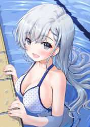 Rule 34 | 1girl, bare shoulders, bikini, braid, braided bangs, breasts, cleavage, collarbone, day, earrings, grey eyes, grey hair, highres, hisakawa hayate, idolmaster, idolmaster cinderella girls, jewelry, kaishinshi, large breasts, long hair, looking at viewer, open mouth, outdoors, partially submerged, polka dot, polka dot bikini, polka dot swimsuit, pool, poolside, smile, solo, swimsuit, water, wet, wet clothes, wet swimsuit