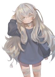 Rule 34 | 1girl, :o, arm up, bandaged leg, bandages, black shirt, choker, colored eyelashes, commentary request, dokomon, girls&#039; frontline, grey hair, hair between eyes, head tilt, highres, korean commentary, long hair, long sleeves, parted lips, puffy long sleeves, puffy sleeves, ribeyrolles (girls&#039; frontline), shirt, simple background, sleeves past wrists, solo, very long hair, white background, white choker