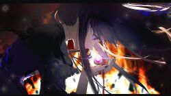Rule 34 | 1girl, abstract background, akemi homura, akemi homura (black dress), baba2499, black capelet, black dress, black hairband, black nails, blood, blood on hands, capelet, covered mouth, crying, crying with eyes open, dress, dripping, embers, fire, floating hair, frilled capelet, frills, from side, glint, glowing, hairband, highres, hunched over, letterboxed, long hair, looking at object, mahou shoujo madoka magica, nail polish, pink gemstone, profile, purple eyes, purple hair, solo, soul gem, tears, upper body, wide-eyed