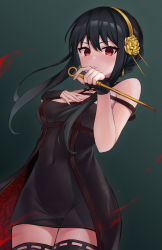 Rule 34 | 1girl, absurdres, bare arms, bare shoulders, black background, black dress, black gloves, black hair, black thighhighs, breasts, commentary, covered navel, cowboy shot, dress, fingerless gloves, gloves, hair between eyes, hairband, hand on own chest, highres, holding, holding weapon, long hair, medium breasts, pencil dress, pizza (pizzania company), red eyes, reverse grip, sidelocks, simple background, sleeveless, sleeveless dress, solo, spy x family, standing, thighhighs, two-sided dress, two-sided fabric, weapon, yellow hairband, yor briar, zettai ryouiki