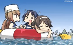 Rule 34 | &gt; &lt;, 3girls, ahoge, alternate costume, black hair, blue hair, blue one-piece swimsuit, brown eyes, brown hair, commentary request, dated, fur hat, hair between eyes, hair ornament, hairband, hairclip, hamu koutarou, hat, highres, kantai collection, long hair, low twintails, multiple girls, one-piece swimsuit, open mouth, papakha, school swimsuit, shark, short hair, smile, star (symbol), suzukaze (kancolle), swimsuit, tanikaze (kancolle), tashkent (kancolle), twintails, v-shaped eyebrows, white hairband, white hat