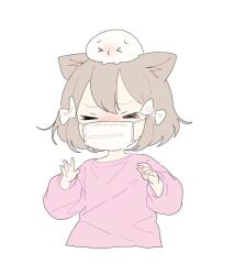 Rule 34 | &gt; &lt;, 1girl, animal ear fluff, animal ears, blush, bow, brown hair, closed eyes, commentary request, cropped torso, facing viewer, gau (n00 shi), hair bow, long sleeves, mask, mouth mask, nose blush, on head, original, pink shirt, puffy long sleeves, puffy sleeves, shirt, short hair, simple background, solo, surgical mask, upper body, white background, white bow