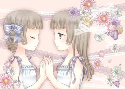 Rule 34 | 2girls, bad id, bad pixiv id, blunt bangs, bow, chisa-ko, closed eyes, closed mouth, collarbone, commentary request, flower, from side, hair bow, holding hands, long hair, looking at another, maria-sama ga miteru, multiple girls, short hair, striped, striped bow, white bow