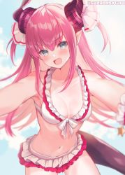 Rule 34 | 1girl, bare shoulders, bikini, bikini skirt, blue eyes, blush, breasts, collarbone, cowboy shot, curled horns, dragon girl, dragon horns, dragon tail, elizabeth bathory (beach bloody demoness) (fate), elizabeth bathory (fate), elizabeth bathory (fate/extra ccc), fang, fate/extella, fate/extella link, fate/extra, fate (series), frilled bikini, frills, front-tie bikini top, front-tie top, hair between eyes, hair ribbon, horns, long hair, looking at viewer, navel, official alternate costume, open mouth, outstretched arms, pink hair, pointy ears, ribbon, small breasts, smile, solo, suzuho hotaru, swimsuit, tail, two side up, white bikini