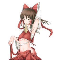 Rule 34 | 1girl, arm up, armpits, ascot, bad id, bad pixiv id, bow, breasts, brown eyes, brown hair, crost, detached sleeves, female focus, hair bow, hair ribbon, hakurei reimu, midriff, mouth hold, navel, open clothes, open skirt, ribbon, sarashi, skirt, solo, touhou, underboob
