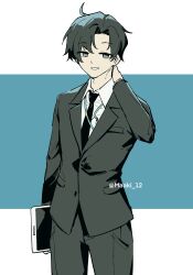Rule 34 | 1boy, absurdres, black hair, black necktie, black pants, black suit, blue archive, blue background, collared shirt, commentary, cowboy shot, formal, grey eyes, hand on own neck, highres, holding, holding tablet pc, light smile, long sleeves, looking at viewer, maaki12, male focus, muted color, necktie, pants, parted lips, romaji commentary, sensei (blue archive), sensei (blue archive the animation), shirt, short hair, simple background, smile, solo, suit, tablet pc, twitter username, two-tone background, watermark, white background