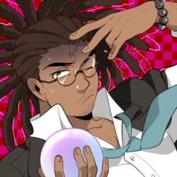 Rule 34 | 1boy, bad id, bad twitter id, black jacket, blouse, bracelet, brown eyes, brown hair, checkered background, collarbone, collared shirt, commentary, danganronpa (series), danganronpa 3 (anime), dark-skinned male, dark skin, dress shirt, facial hair, formal, frown, glasses, hagakure yasuhiro, hand up, holding, jacket, jewelry, long hair, long sleeves, looking at viewer, male focus, moosopp, necktie, one eye closed, round eyewear, shirt, solo, stubble, suit, sweat, symbol-only commentary, white shirt