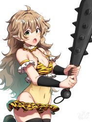 Rule 34 | 1girl, :o, ahoge, animal print, bare shoulders, bikini, black thighhighs, blush, breasts, brown hair, club (weapon), covered navel, cowboy shot, druid girl (goblin slayer!), fang, fur collar, goblin slayer!, green eyes, highres, holding, holding weapon, horns, kankitukou, large breasts, leopard print, leotard, long hair, pointy ears, simple background, solo, swimsuit, thighhighs, weapon, white background, yellow leotard