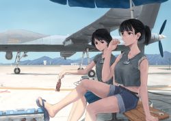Rule 34 | 2girls, bare arms, bare legs, bare shoulders, belt, bench, black eyes, black hair, blue sky, blunt bangs, bottle, breasts, coca-cola, commentary request, day, drone, eating, food, food in mouth, general atomics aeronautical systems, hallelujah zeng, holding, holding bottle, ice cream, looking afar, looking at viewer, looking away, medium breasts, military, mountain, mountainous horizon, mq-9 reaper, multiple girls, name tag, no socks, on bench, original, ponytail, popsicle, sandals, short hair, short shorts, shorts, sitting, sky, tank top, unmanned aerial vehicle, unmanned combat aerial vehicle, wrench