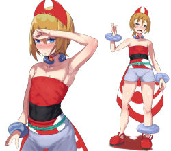 Rule 34 | 1girl, arm up, armpits, bangle, bare shoulders, blonde hair, blue eyes, blush, bracelet, breasts, cleavage, collarbone, creatures (company), dress, game freak, hair between eyes, hair ornament, hand on forehead, highres, irida (pokemon), jewelry, looking at viewer, nintendo, open mouth, pokemon, pokemon legends: arceus, red dress, red footwear, sash, shoes, shorts, sidelocks, sorian66, strapless, strapless dress, sweat, thighs, wiping forehead, wiping sweat