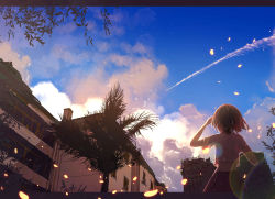 Rule 34 | 1girl, arm up, backlighting, blouse, blue skirt, byakuya reki, cloud, contrail, evening, from behind, from below, lens flare, letterboxed, original, outdoors, palm tree, petals, photo-referenced, pleated skirt, revision, scenery, school uniform, shirt, short hair, short sleeves, skirt, sky, smoke trail, solo, tree, white shirt