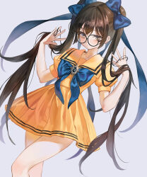 Rule 34 | 1girl, black-framed eyewear, blue bow, blue ribbon, bow, bowtie, brown eyes, brown hair, closed mouth, collarbone, commentary, cowboy shot, english commentary, glasses, grey background, hair between eyes, hair bow, hair ribbon, long hair, looking at viewer, original, oto1 030, pleated skirt, puffy short sleeves, puffy sleeves, ribbon, round eyewear, sailor collar, school uniform, serafuku, short sleeves, simple background, skirt, solo, standing, twintails, very long hair, white background