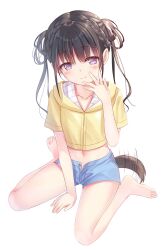 Rule 34 | 1girl, bare legs, barefoot, between legs, blue shorts, blush, braid, brown hair, closed mouth, collarbone, commentary request, crop top, dog tail, flat chest, full body, hand between legs, hand on own face, hand up, highres, hood, hood down, hoodie, long hair, looking at viewer, midriff, na-ga, navel, open clothes, open fly, open shorts, original, purple eyes, short shorts, short sleeves, shorts, sidelocks, simple background, sitting, smile, solo, stomach, tail, tail wagging, thighs, variant set, wariza, white background, yellow hoodie