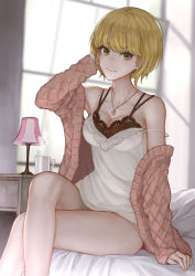Rule 34 | 1girl, bare legs, bed, black bra, blonde hair, blurry, blurry background, bra, breasts, camisole, cleavage, closed mouth, commentary, cup, curtains, depth of field, feet out of frame, green eyes, hand up, idolmaster, idolmaster cinderella girls, indoors, jacket, jewelry, kaoming, lamp, large breasts, crossed legs, miyamoto frederica, necklace, off shoulder, on bed, open clothes, open jacket, short hair, sitting, smile, solo, steam, underwear, window