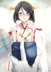 Rule 34 | 1girl, black hair, blurry, blurry background, detached sleeves, glasses, gloves, green-framed eyewear, grey eyes, hairband, headgear, highres, japanese clothes, kantai collection, kimura shiki, kirishima (kancolle), kirishima kai ni (kancolle), nontraditional miko, pov, ribbon-trimmed sleeves, ribbon trim, short hair, solo focus, white gloves