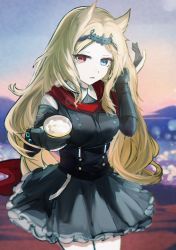 Rule 34 | 1girl, absurdres, animal ears, archetto (arknights), arknights, black dress, black gloves, blonde hair, blue eyes, breasts, cup, dress, drink, drinking straw, forehead, frilled dress, frills, gloves, hand up, heterochromia, highres, holding, holding cup, long hair, long sleeves, looking at viewer, mizuhashi parusui, mountain, outdoors, parted lips, pleated dress, red eyes, small breasts, solo, sunset, very long hair