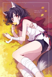 Rule 34 | 1girl, animal ears, autumn leaves, bandaged arm, bandaged leg, bandages, bell, black hair, border, breasts, cleavage, fox ears, fox tail, ginkgo tree, looking at viewer, lying, on side, original, outdoors, parted lips, red eyes, red scarf, scarf, short hair, shorts, sleeveless, small breasts, solo, swept bangs, tail, text focus, umiko (munemiu)