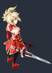 Rule 34 | 1girl, absurdres, ankle boots, backless outfit, bikini, bikini top only, black background, black pantyhose, blonde hair, boots, braid, breasts, clarent (fate), closed mouth, commentary request, detached collar, detached sleeves, eyes visible through hair, fate/apocrypha, fate/grand order, fate (series), french braid, frown, full body, green eyes, hair ornament, hair scrunchie, highres, holding, holding sword, holding weapon, long hair, looking at viewer, looking back, medium breasts, mordred (fate), mordred (fate/apocrypha), muichimon, overskirt, pantyhose, ponytail, red bikini, red footwear, red skirt, scrunchie, shorts, sideboob, simple background, skirt, solo, standing, swimsuit, sword, v-shaped eyebrows, weapon