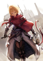 Rule 34 | 1girl, armor, armored dress, blonde hair, building, dual wielding, dutch angle, fantasy, gauntlets, grin, highres, holding, knight, looking at viewer, namako (namacotan), original, short hair, smile, solo, sword, walking, weapon, yellow eyes