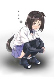 Rule 34 | animal ears, boots, brown eyes, brown hair, dog ears, dog tail, fetal position, highres, japanese clothes, kuroda kunika, looking at viewer, open mouth, panties, panty pull, peeing, puddle, short hair, squatting, strike witches, tail, thigh boots, thighhighs, underwear, white background, world witches series