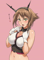 Rule 34 | 10s, 1girl, ara ara, bare shoulders, blush, breasts, brown hair, finger to mouth, gloves, green eyes, hairband, headgear, kantai collection, large breasts, looking at viewer, midriff, mutsu (kancolle), nigou, short hair, smile, solo, white gloves