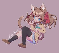 Rule 34 | 1girl, :d, absurdres, animal ear fluff, animal ears, asymmetrical legwear, bandaid, bandaid on knee, bandaid on leg, black socks, black thighhighs, blue eyes, blue sailor collar, blue skirt, bow, bowtie, brown footwear, brown tail, cardigan, cat ears, cat tail, fang, floating hair, green bow, green bowtie, hair intakes, hair ribbon, hands up, highres, indie virtual youtuber, knees up, light brown hair, loafers, long hair, looking at viewer, neuro-sama, open mouth, paw pose, pink background, pleated skirt, raised eyebrow, red ribbon, ribbon, sailor collar, school uniform, serafuku, shoes, signature, single sock, single thighhigh, skin fang, skirt, smile, socks, solo, tail, thighhighs, two side up, uneven legwear, usagii (nydk8775), virtual youtuber, yellow cardigan
